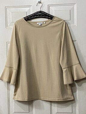 NEW Chicos Women's Sz 2 (L) Knit Top Beige 3/4 Bell Sleeve Cotton